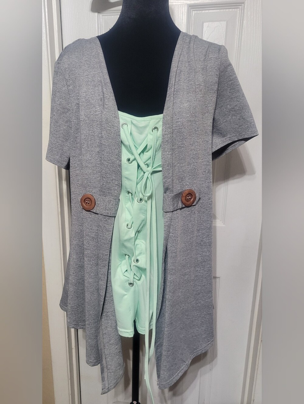 Gray Open-Front Cardigan with Mint Lace-Up Top